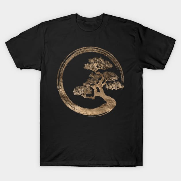 Enso Zen Circle and Bonsai Tree Gold T-Shirt by Nartissima